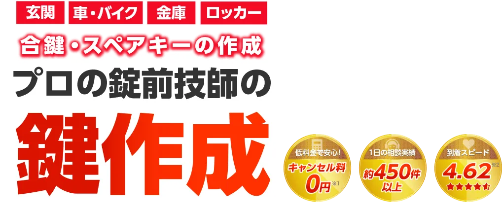 カギ110番はプロの錠前技師が合鍵、スペアキーを作成します！玄関、車・バイク、金庫、ロッカーなどに対応。