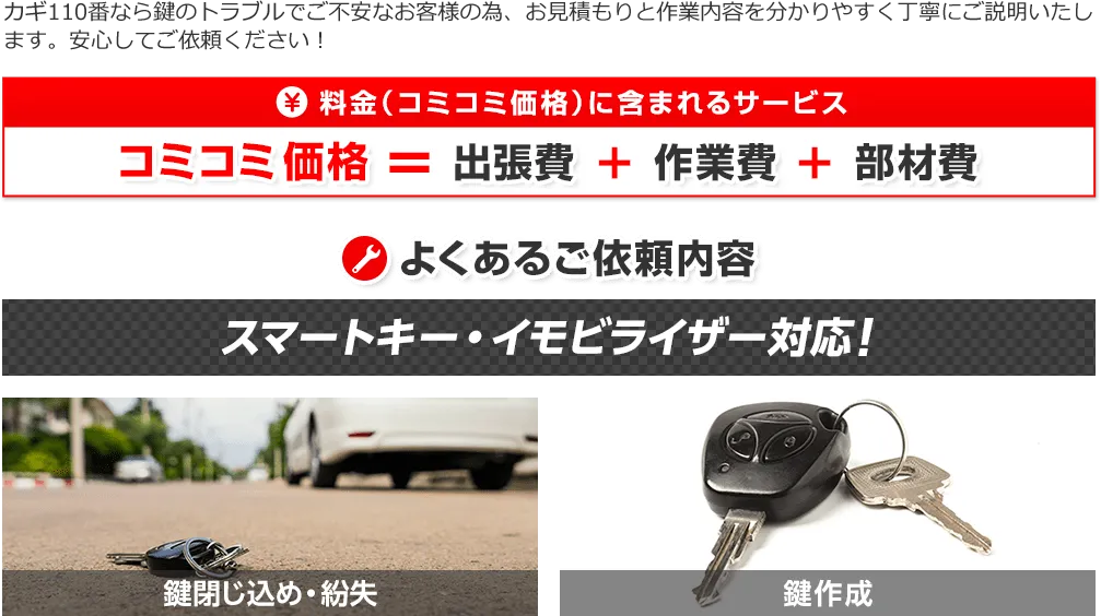 カギ110番では「出張費」「作業費」「部材費」がサービスに含まれたコミコミ価格で料金を提示！スマートキーやイモビライザーにも対応しており、鍵の閉じ込めや紛失、鍵作成など様々な鍵に関するトラブルを依頼いただきます。