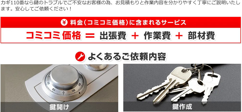 カギ110番では「出張費」「作業費」「部材費」がサービスに含まれたコミコミ価格で料金を提示！鍵開け、鍵作成など様々な鍵に関するトラブルを依頼いただきます。