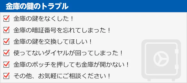 金庫の鍵のトラブル　・金庫の鍵をなくした！・金庫の暗証番号を忘れてしまった！・金庫の鍵を交換してほしい！