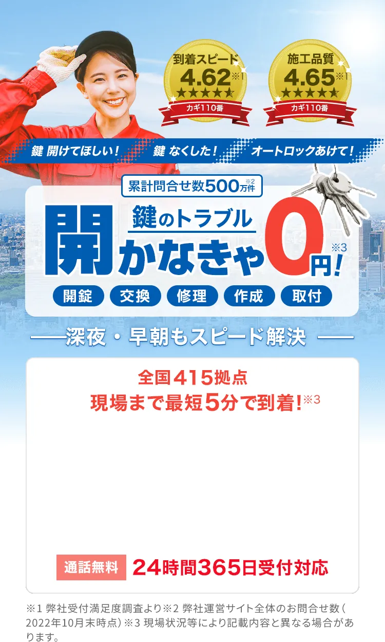カギ110番は、「鍵開けて欲しい！鍵なくした！オートロックあけて！」などのお困りごとを深夜・早朝もスピード解決！累計問い合わせ数500万件。鍵のトラブル、万が一開かない場合は0円！開錠・交換・修理・作成・取り付けに対応。全国415拠点で現場まで最短5分で到着！