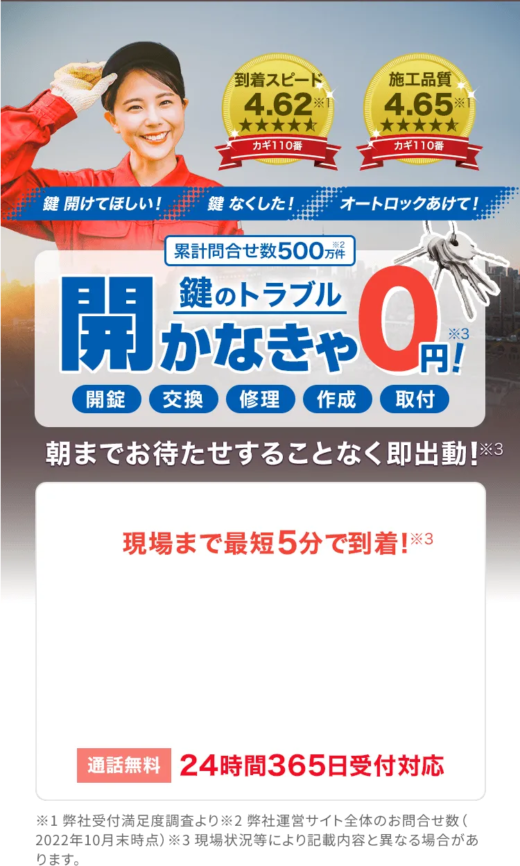 カギ110番は、「鍵開けて欲しい！鍵なくした！オートロックあけて！」などのお困りごとを深夜・早朝もスピード解決！累計問い合わせ数500万件。鍵のトラブル、万が一開かない場合は0円！開錠・交換・修理・作成・取り付けに対応。全国415拠点で現場まで最短5分で到着！