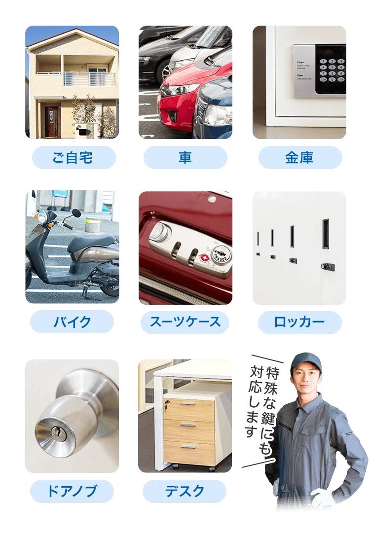 ご自宅、車、金庫、バイク、スーツケース、ロッカー、ドアノブ、デスクなど特殊な鍵にも対応します！