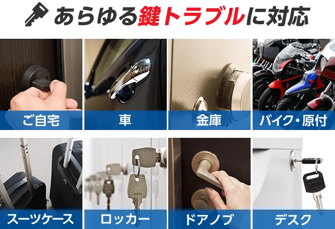 カギ110番はご自宅・車・金庫・バイク、原付・スーツケース・ロッカー・ドアノブ・デスクなど、あらゆる鍵トラブルに対応します。